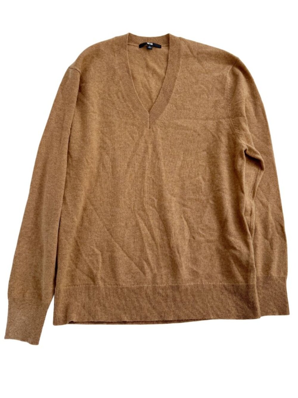 UNIQLO 100% Cashmere V-Neck Sweater Camel Brown Knit Classic Minimalist Size S